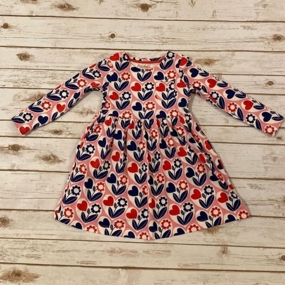 Mini Boden Pink Lemonade Red Hearts Blue Flowers Long Sleeve Jersey Dress 7/8
